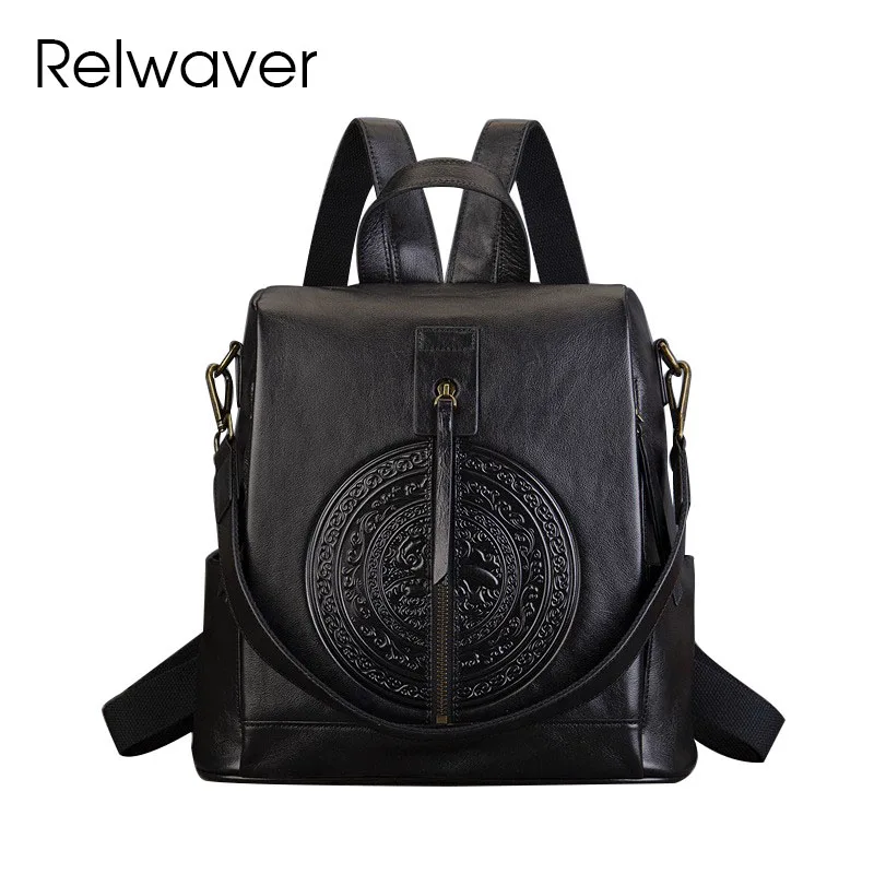 

Relwaver tree cream cow leather backpack black Chinese style embossing women backpack 2025 spring summer versatile shoulder bag
