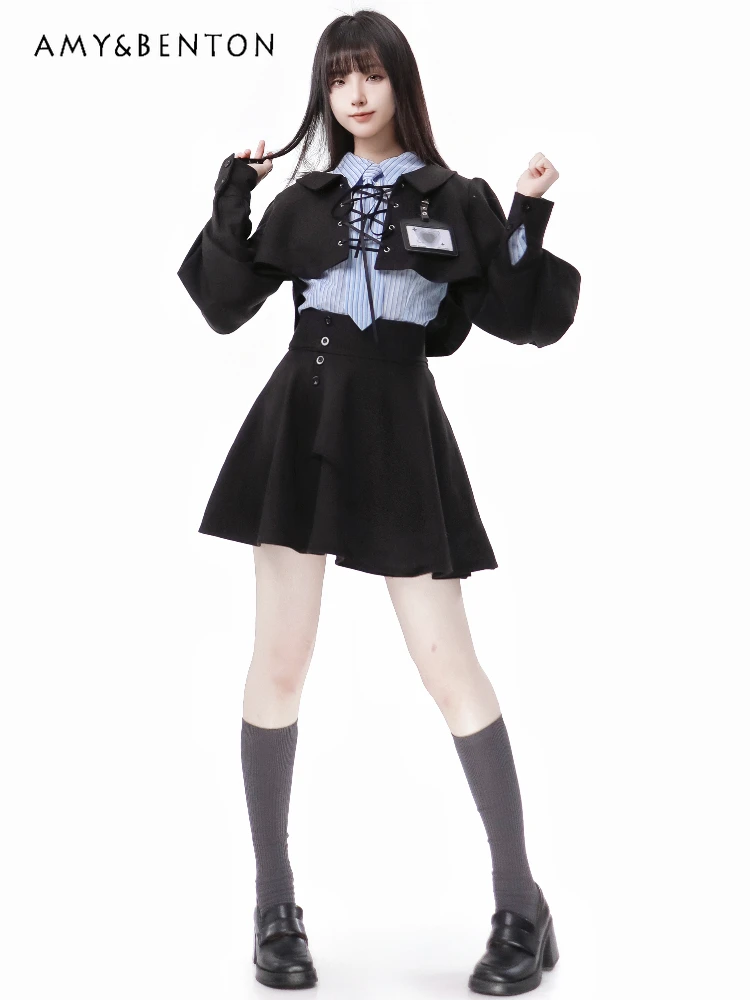 Preppy Style Harajuku Batwing Sleeve Coat Striped Shirt Mini Skirt Three-Piece Set Women Spring New Elegant OL Hot Girl Outfits