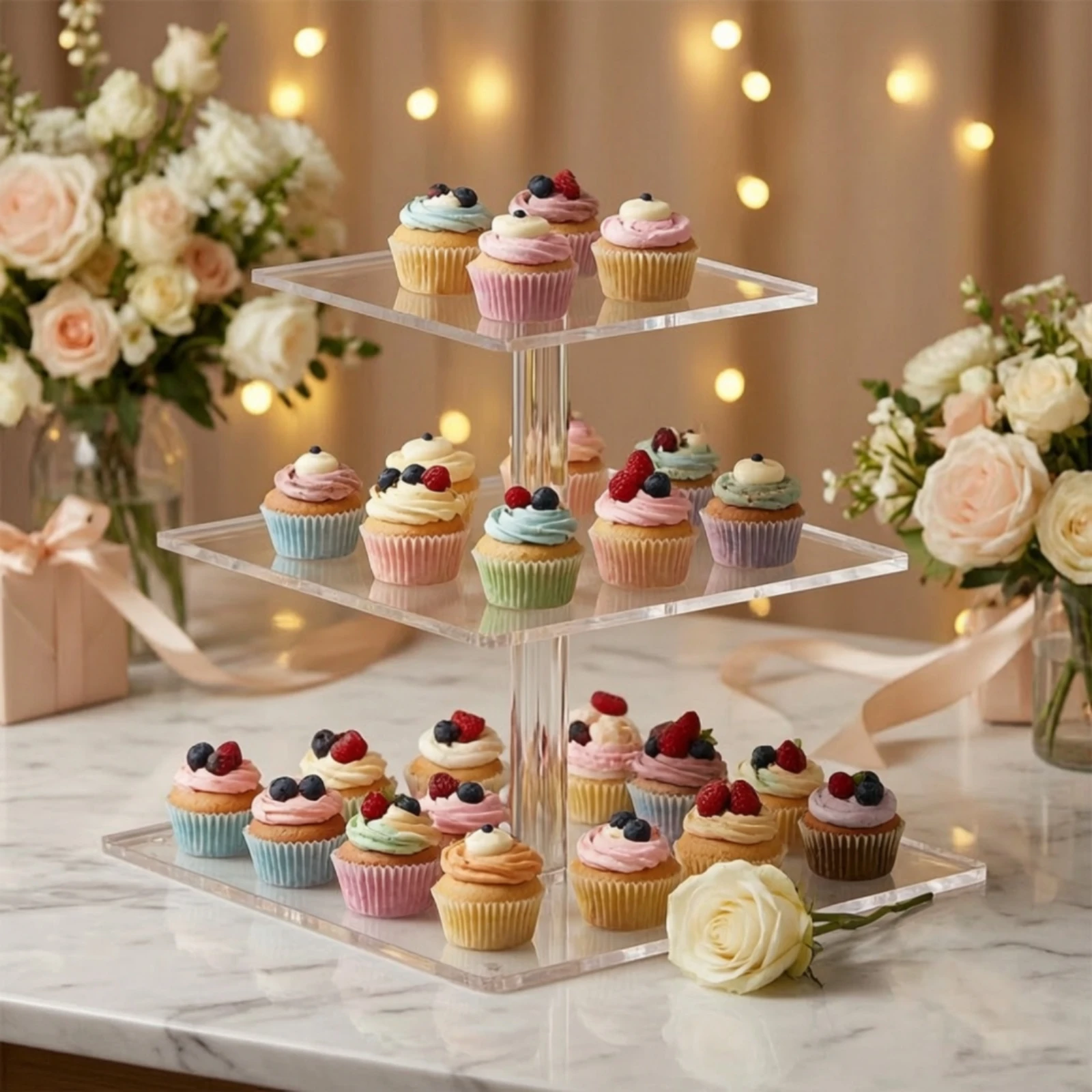 Tabletop Dessert Display Stand Illuminated Acrylic Display Stand with Light Box Displays Non-Slip Multi-Functional