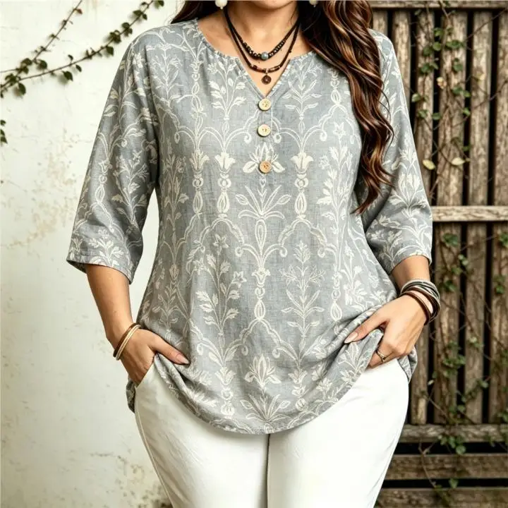 Women Vintage Arch Frame Floral All‑Over Print Blouse For Curvy Figures Notched Neck 3/4 Sleeve Loose Casual Ladies Tops