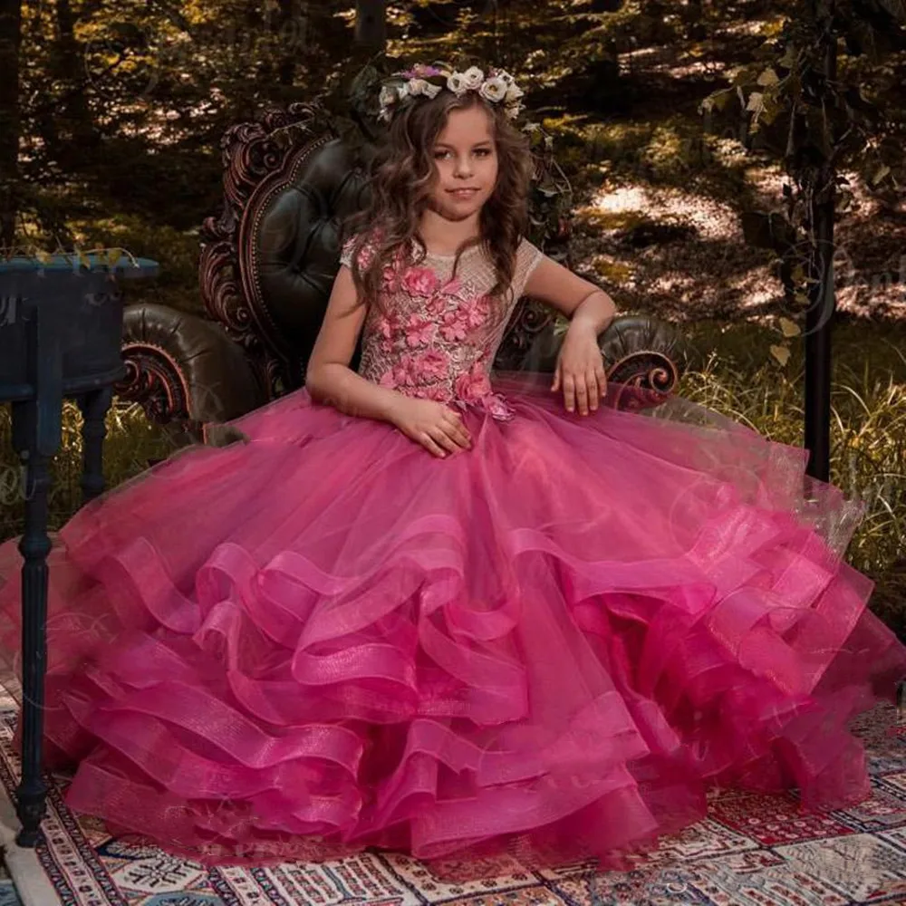 Elegante decalcomania di pizzo di Tulle a strati principessa Flower Girl abiti festa di nozze palla prima comunione abiti regalo di compleanno