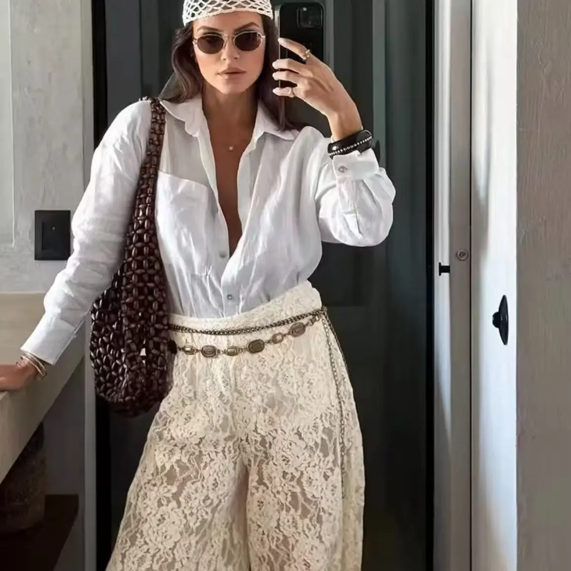 New Women's Fashion Lace Elastic Waist Loose Pants Versatile Elegant Style Cross-Border Quality Polyester Fiber Casual Trousers