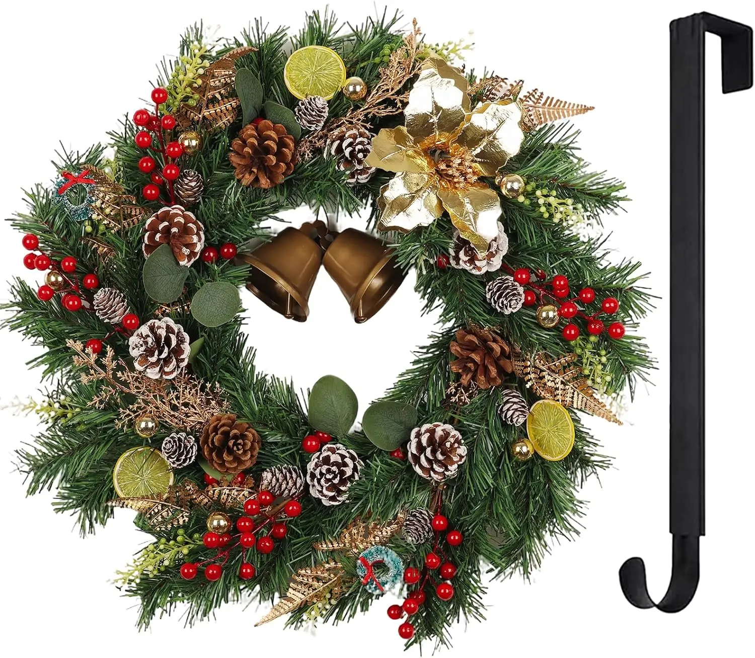 

21" Lighted Christmas Wreath – Frosted Evergreen with Golden Bells, Red Berries & Lemon Slices – Indoor/Outdoor