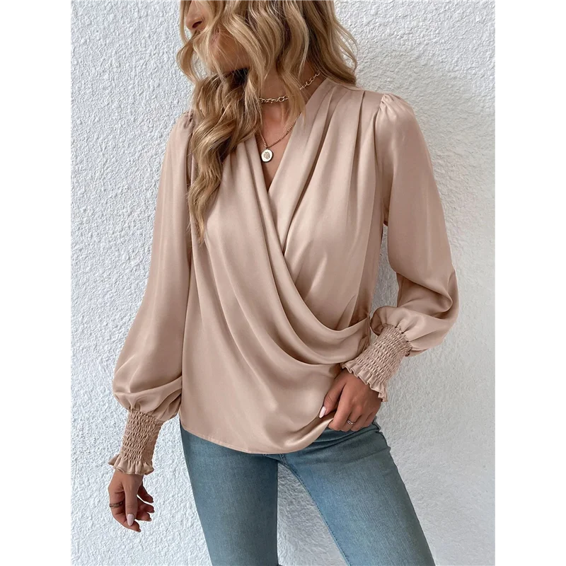 

【SEE】Women's Elegant V-Neck With Lantern Sleeves Temperament Commuting Solid Color Shirt Top