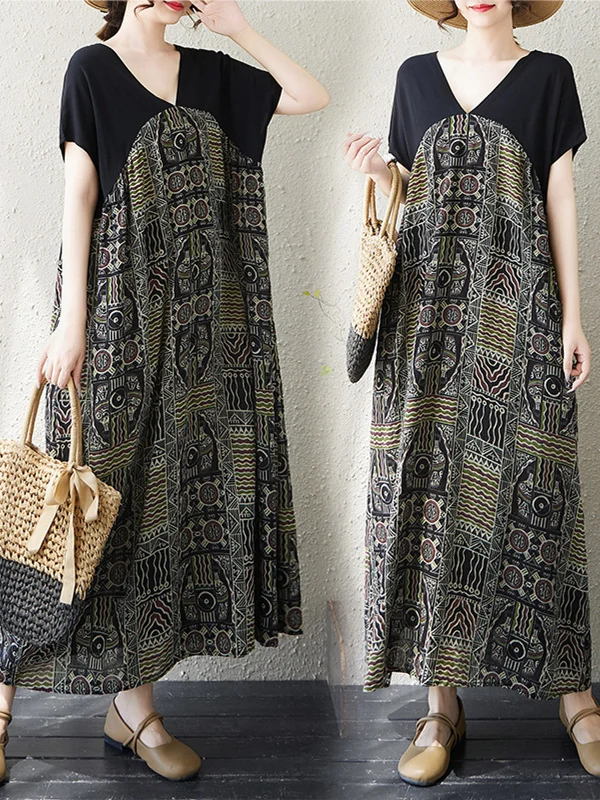 

Summer New Sle Mommy Clothes Loose plus Size Women's Dr V-Ne Tie ort Sve Long Dr Belly Cover Slimming Effect