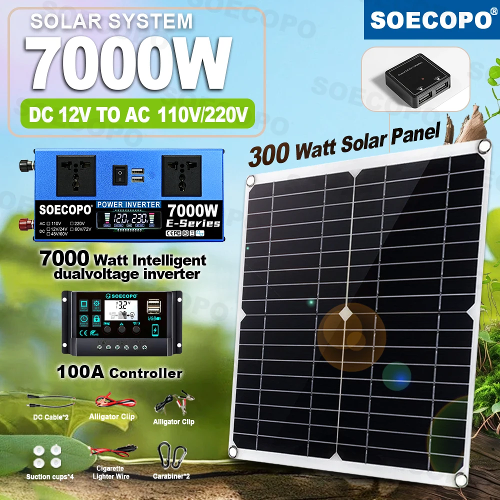 

SOECOPO 7000W Solar System Power Kit 12V/24V To 110V/220V Dual Voltage LCD Inverter 100A Controller 300W Panel for Home/Camping