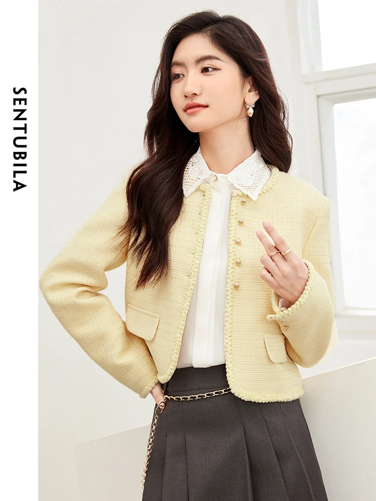 

SENTUBILA Light Yellow Elegant Cropped Tweed Jacket 2024 Spring O-neck Single Breasted Short Coat Female Outerwear 141W52222