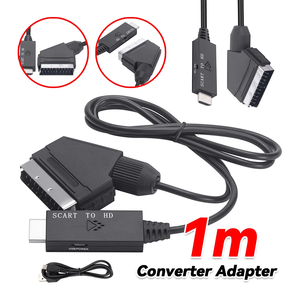 Adaptor Konverter Video 1M Scart Ke Konverter Video 1080P Kompatibel dengan HDMI DC 5V Aksesori Kabel USB Mikro untuk Set-top Box