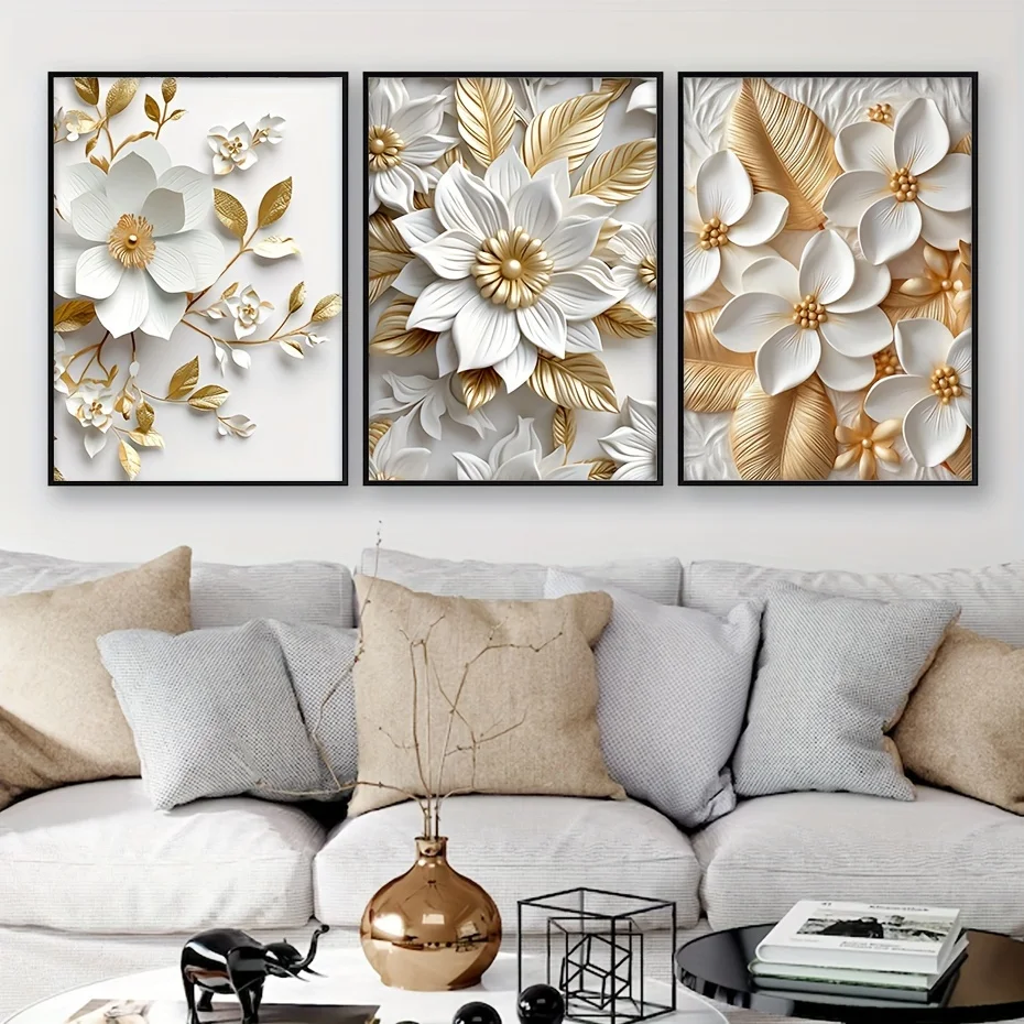 

3pcs/set Unframed Canvas Poster Modern Art White Flower Leaves Painting Wall Decor Prints For Bedroom Living Room Waterproof