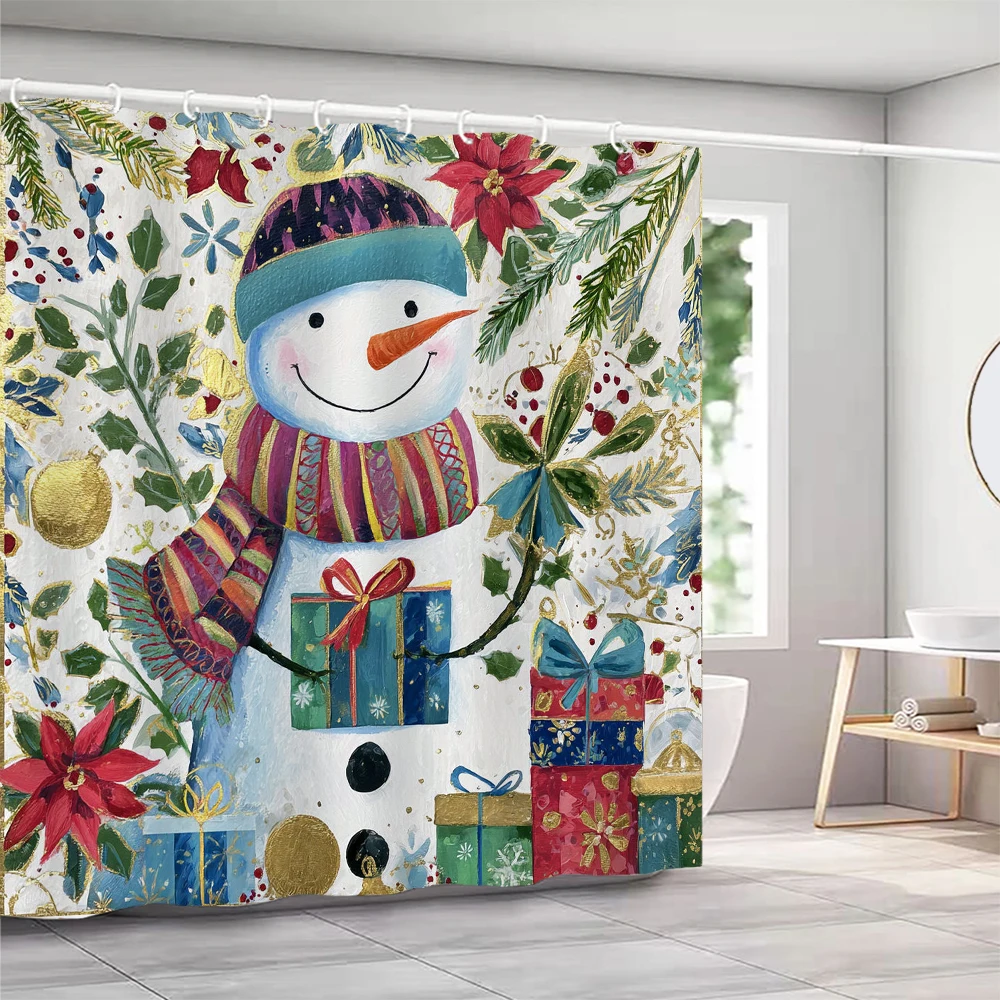 

Merry Christmas snowman Christmas Tree Shower Curtain, Bathroom Decorative Shower Curtain, Waterproof Shower Curtain with Hooks