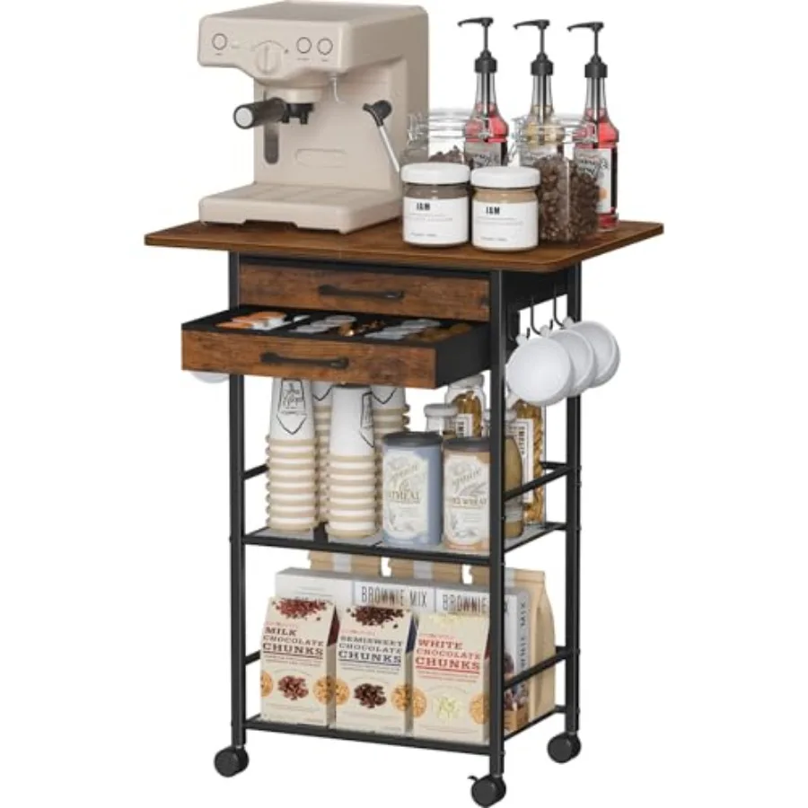 

Snughome 5 Tier Rolling Coffee Cart with 2 Large Drawers and Removable Dividers, Extra-Wide Coffee Bar Cart with Storage, Farmh
