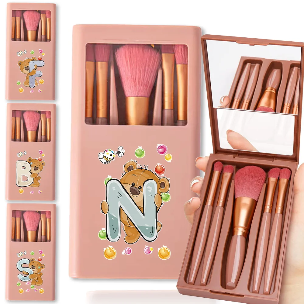 

5 Pcs Waterproof Cosmetic Brushes Set With Mirror Organizer Box Makeup Brush Kit Features Storage Case Bear Letter Pattern