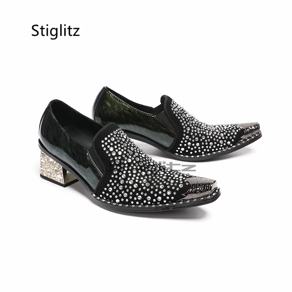 Men's Full Rhinestone Business Dress Shoes Metal Pointed Toe Diamond High Heels Slip On Luxury Fashion Party Prom Wedding Shoes