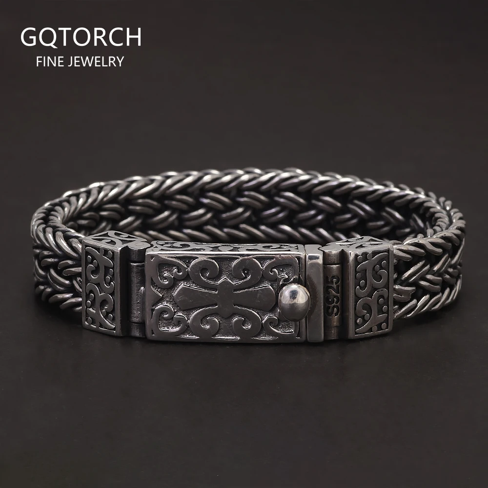 

100% S925 Sterling Silver Wide Braided Charm Bracelet for Men Antique Thai Silver Symbol Woven-Chain Handmade Fine Jewelry