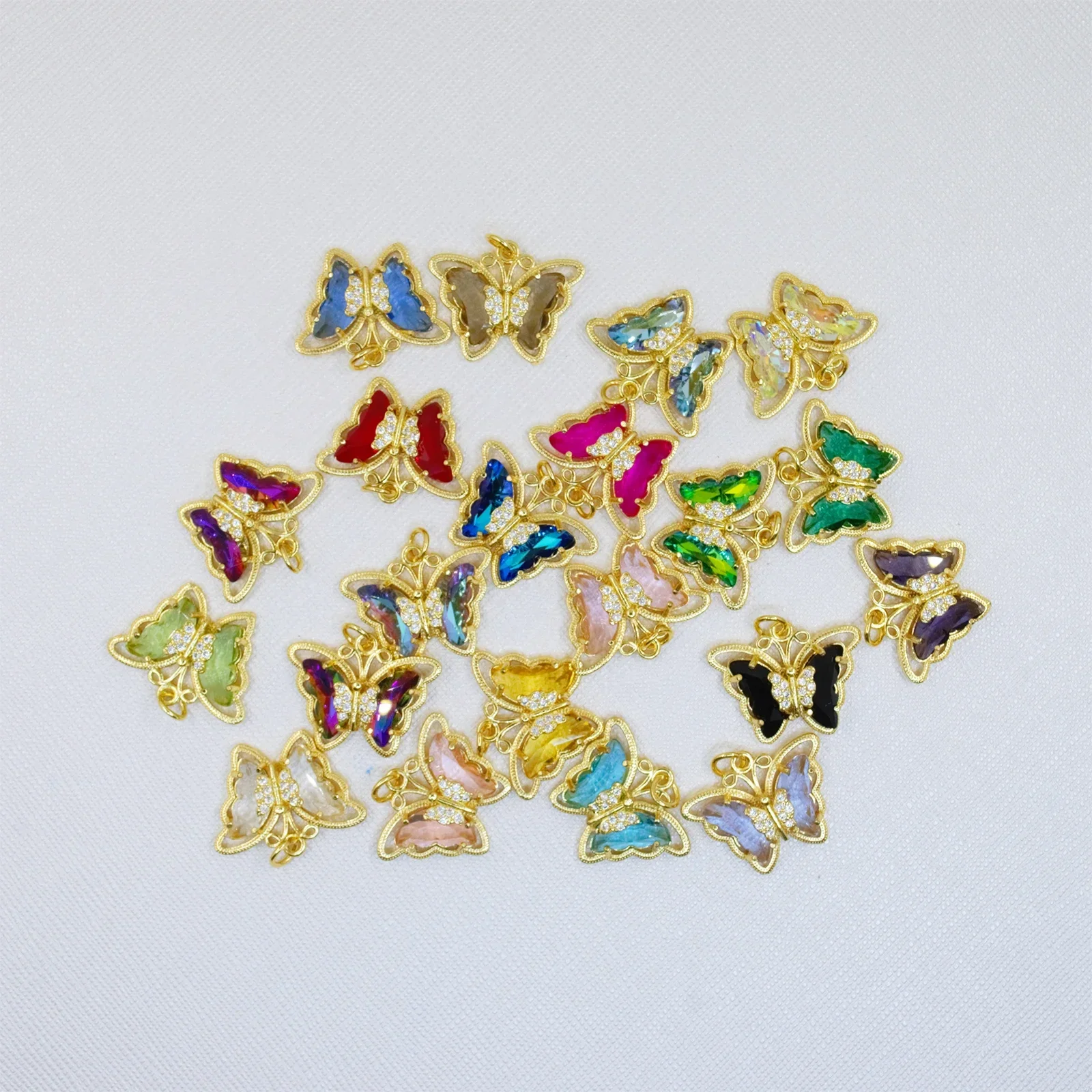 9 Pcs Colorful Rhinestone Butterfly Zircon Pendant Diy Necklace Earring Bracelet Jewelry Making Copper Gold Plated Hollow Charm