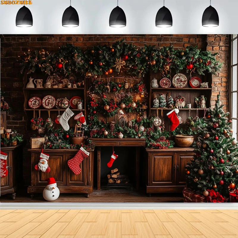 

Christmas Day Wreath Family New Year Party Photography Backdrops Prop Window Living Room Xmas Tree Gift Snow Background WD-25