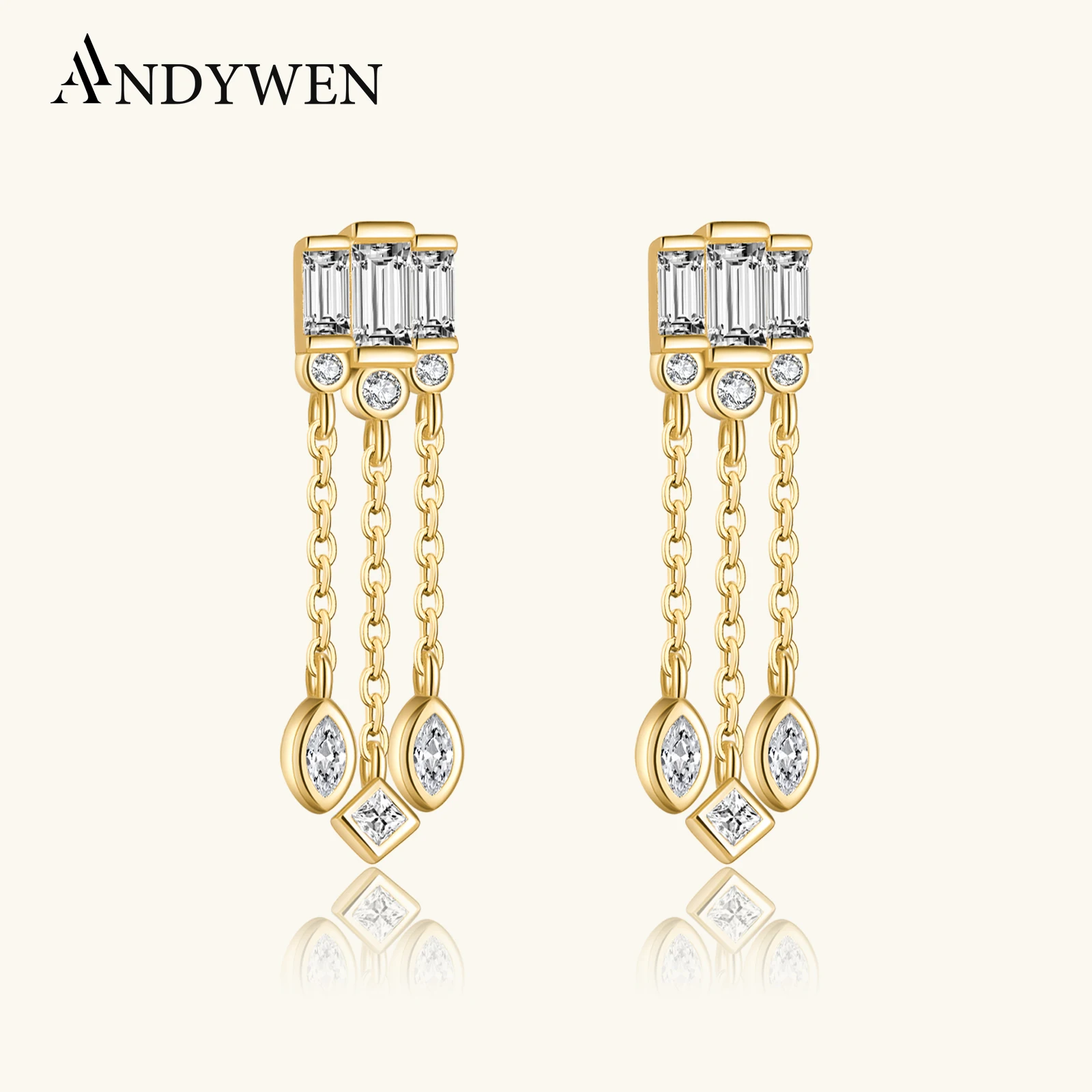 

ANDYWEN 925 Sterling Silver Gold Clear Zircon Chain Stud Women Piercing Pendiente Clips Drop Fine Jewelry