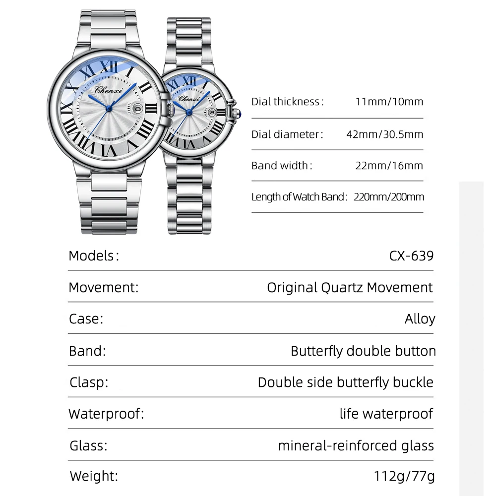 CHENXI Couple Luxury Quartz Wristwatch Stainless Steel Waterproof Luminous Elegant Watch Valentine Gift for Men and Women - view 3