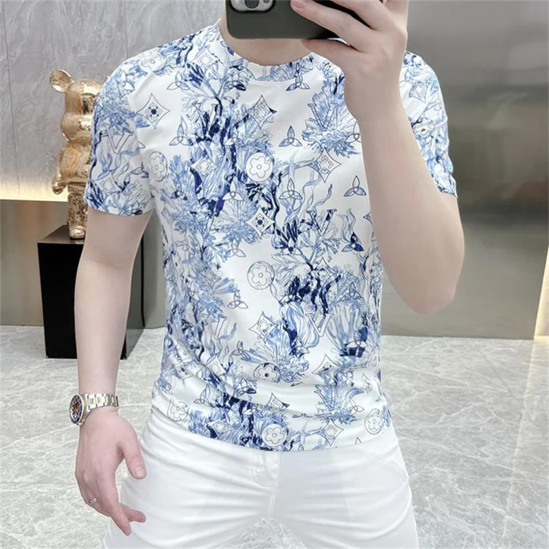2025 Summer Men's Casual Short Sleeved T-shirts Brand Printed Breathable Quick Drying T-shirt Trend Round Neck Slim Fit Top
