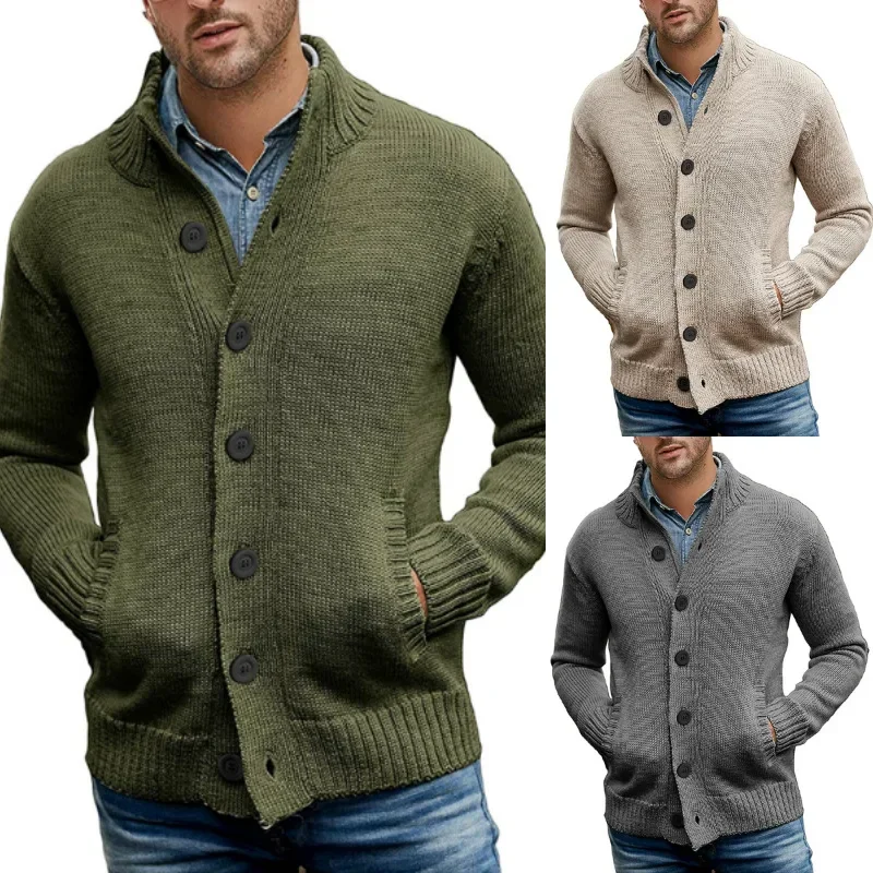 

2024 European and American Men's Sweater Cardigan, Solid Color Single-breasted Slim-fit, High-neck Knitted Autumn and Winter Top