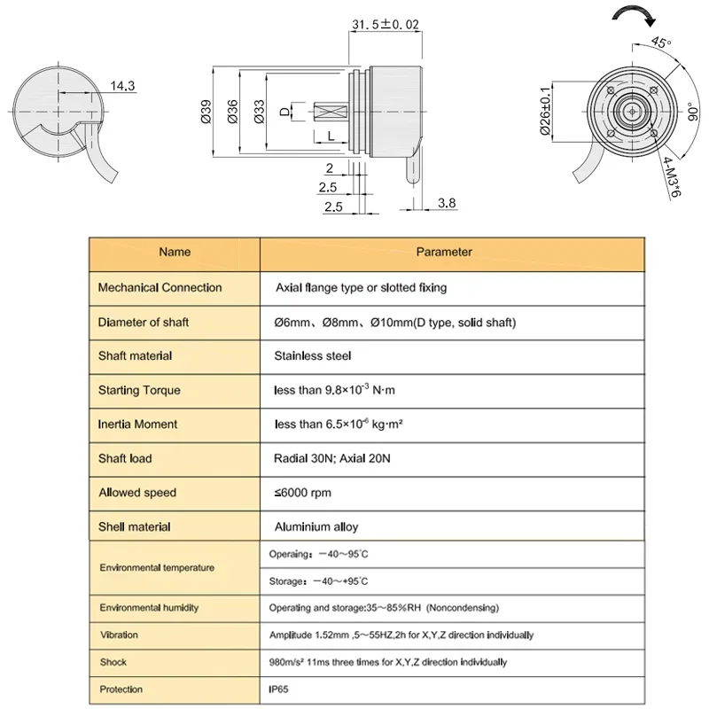Servo Motor Absolute Encoder SSI 80'' Accuracy Solid Shaft Multi-turn SM39 Rotary Encoder Absolute 24 Bit