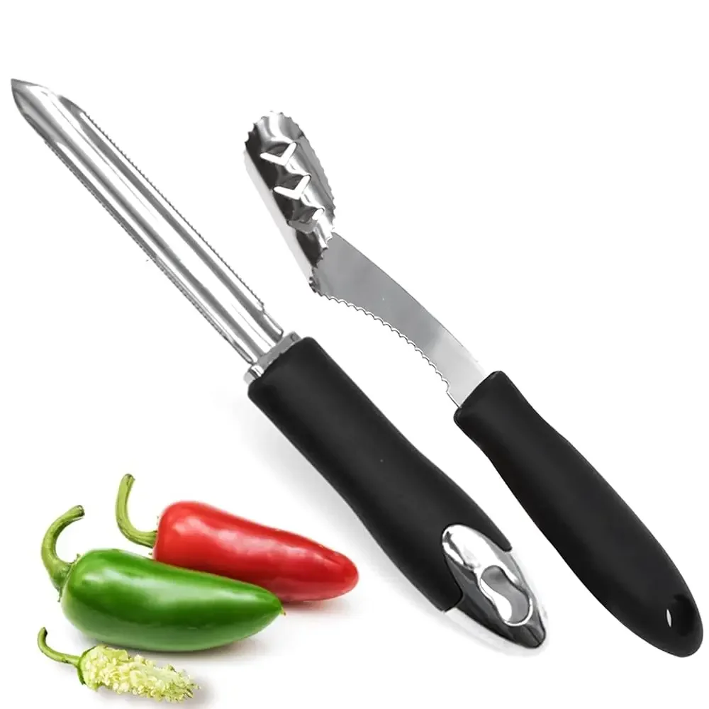 Descorazonador de Pimientos Jalapeños, Juego de 2, Descorazonador de Pepino y Calabacín de Acero Inoxidable con Cuchilla Dentada y Mango de Goma, Herramienta para Quitar Semillas