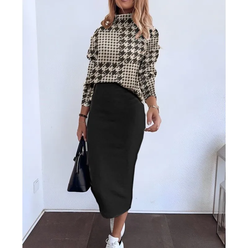 Autumn Winter Elegant Turtleneck T Shirt With Skirt Two Piece Sets For Women Fashion Long Sleeve Print T Shirts+pencil Dress Set