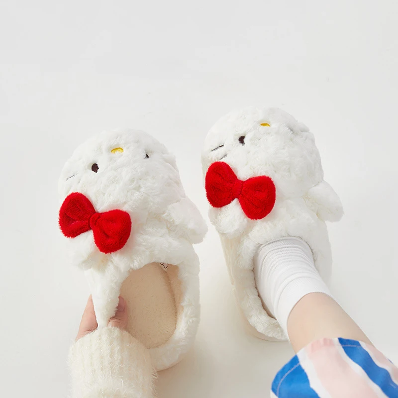 Optimal Sanrio Hello Kitty Kuromi Cotton Slippers for Women, Autumn and Winter Indoor Home Warmth, Fury and Plush Slippers