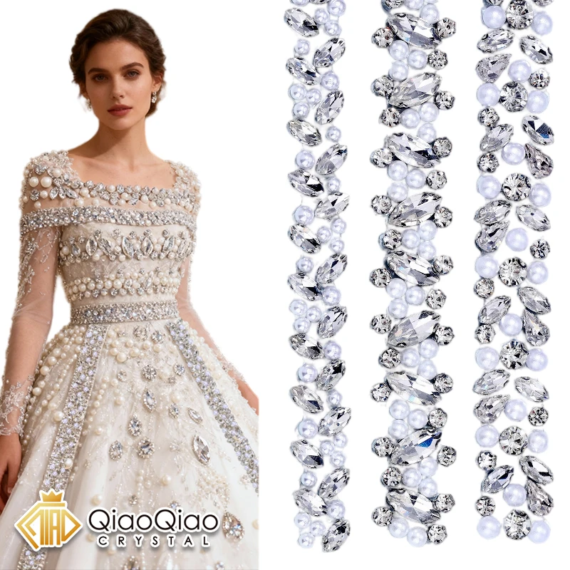 

QIAO 18mm/19mm/20mm 1Yard Pearl Rhinestone Cup Chain Glass Dense Rhinestone ABS Pearl Chain Trim Apparel Cup Chain For Garment