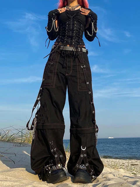 Damskie dżinsy Cargo w paski zapinane na zamek błyskawiczny zapięcie na guziki luźne spodnie typu casual Streetwear z kieszeniami jesienne ubrania wiosenne Punk Y2K 90s