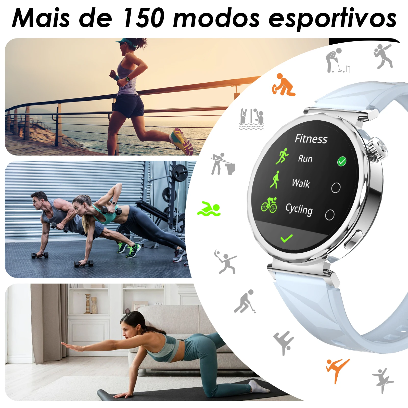 Relógio feminino AURAFIT, 1,32 Amoled, àdah d'água 1ATM, mais de 150 modos esportivos, monitoramento de health, Android e iOS
