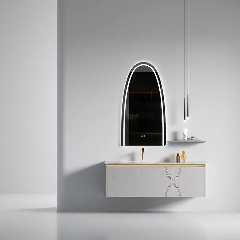 Bathroom Vanity Featuring a Stone Countertop and Integrated Ceramic Sink, a Smart Mirror, and a Wall-mounted Cabinet.