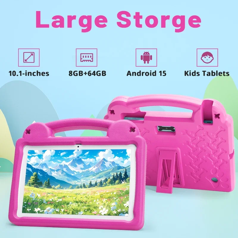 Kids Tablet 10.1" Android 15 Tablet for Kids 8GB 64GB Octa-Core CPU, Toddler Tablets withParental Control, Case YouTube WiFi 6