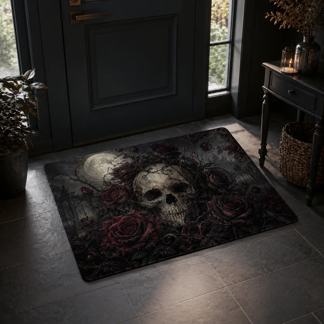 VIKAMA Skull Red Rose Halloween Doormat Non Slip Indoor Outdoor Rug Gothic Spooky Castle Front Entrance Welcome Decor Mat Rug