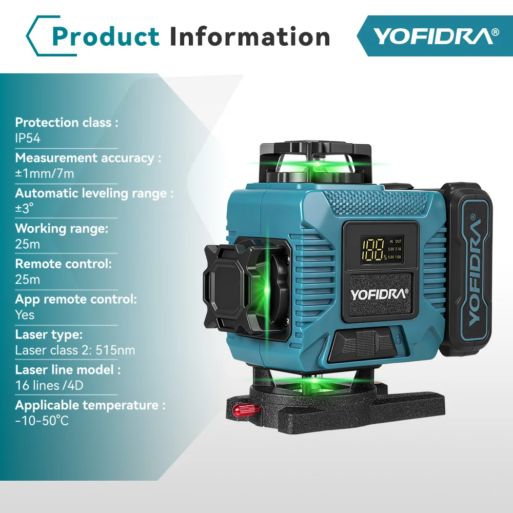 YOFIDRA 16-Linien 4D-Laser-Nivelliergerät, drehbar, wiederaufladbar, 360° automatische grüne Nivellierung, mit APP-Fernbedienung – Detail 15
