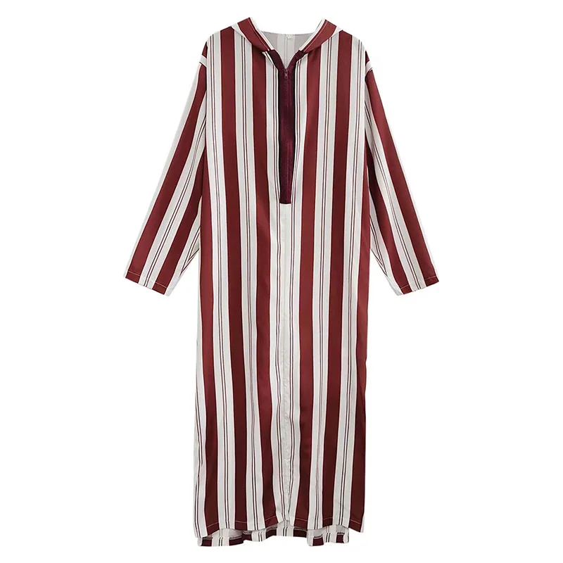 Men's Muslim Striped Long Robe Slim Fitting Hooded Sweatshirt Atmospheric Long Sleeved Traditional Lslamic Style Clothing