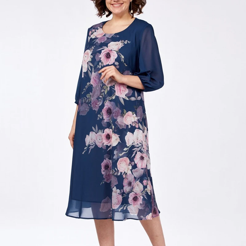 2025 Summer Loose Flower Printed Dress Women 3/4 Sleeve Midi Dress Plus Size Women Party Dress Casual Beach Holiday Dresses
