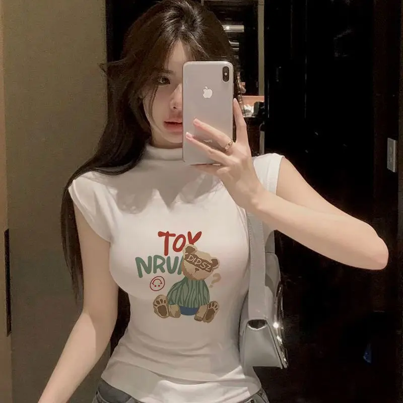 New Cotton Half Height Collar T-Shirts Female Trend Casual Short Sleeve Bodycon Top Tee Summer Sexy Fashionable Printing Tshirt