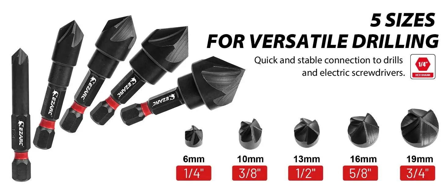 EZARC 5-teiliges Senker-Bohrerset für Metall 1/4” 3/8” 1/2” 5/8” 3/4” Senker-Bits 1/4'' Sechskantschaft 82 Grad 5-Schneiden M2 HSS – Detail 2