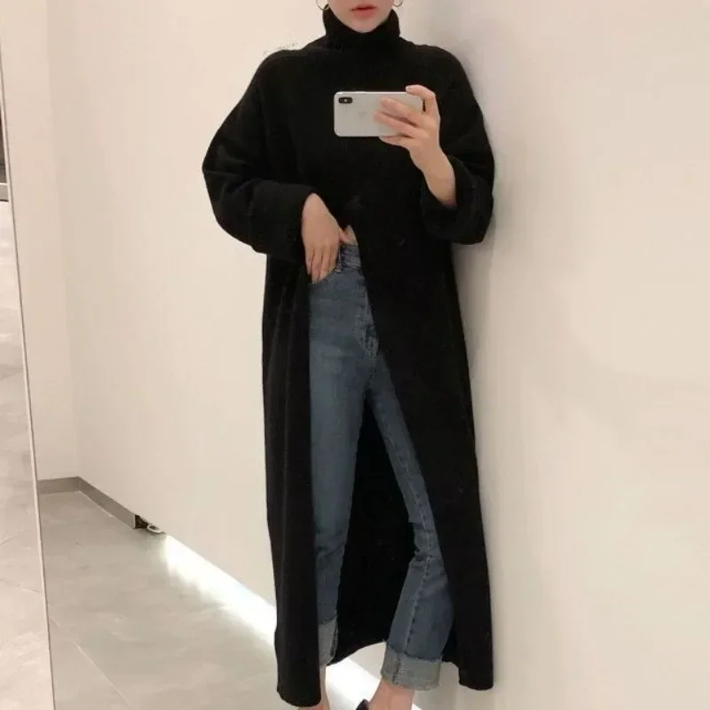 Split Long Sweater Autumn Winter Women Turtleneck Sweaters Loose Black Apricot Thin Maxi Top Pullover Jumpers Y2k Soft Jacket