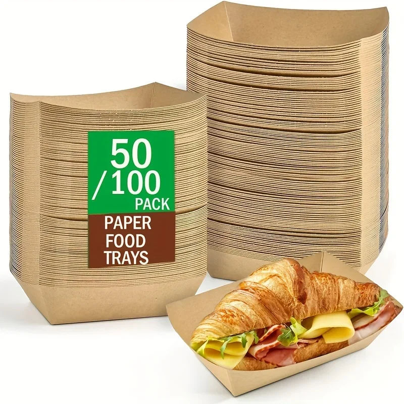 Bandeja de papel Kraft para comida, bandejas para barcos de comida de alta resistencia, cesta de servicio desechable para aperitivos, patatas fritas, Tacos, juego de vajilla para fiesta de barbacoa, 100 Uds.