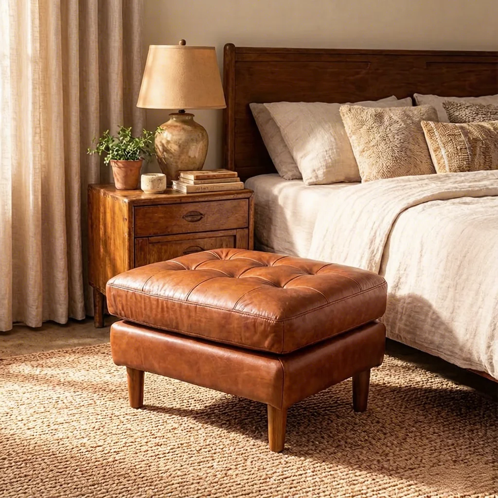 Wholesale Factory Direct American Vintage Accent Top Grain Leather Dressing Stool Tufted Buttons Classic Ottoman Apartment