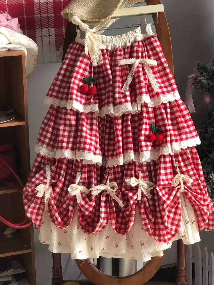2025 Sweet Fit Chic Patchwork Plaid Skirt Women Kawaii New Vintage Bow Print Fluffy Skirts Harajuku Y2k Lovely Clothes Summer
