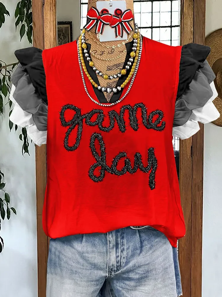 Classic Gameday Letter Flying Sleeve Top Women Blouse