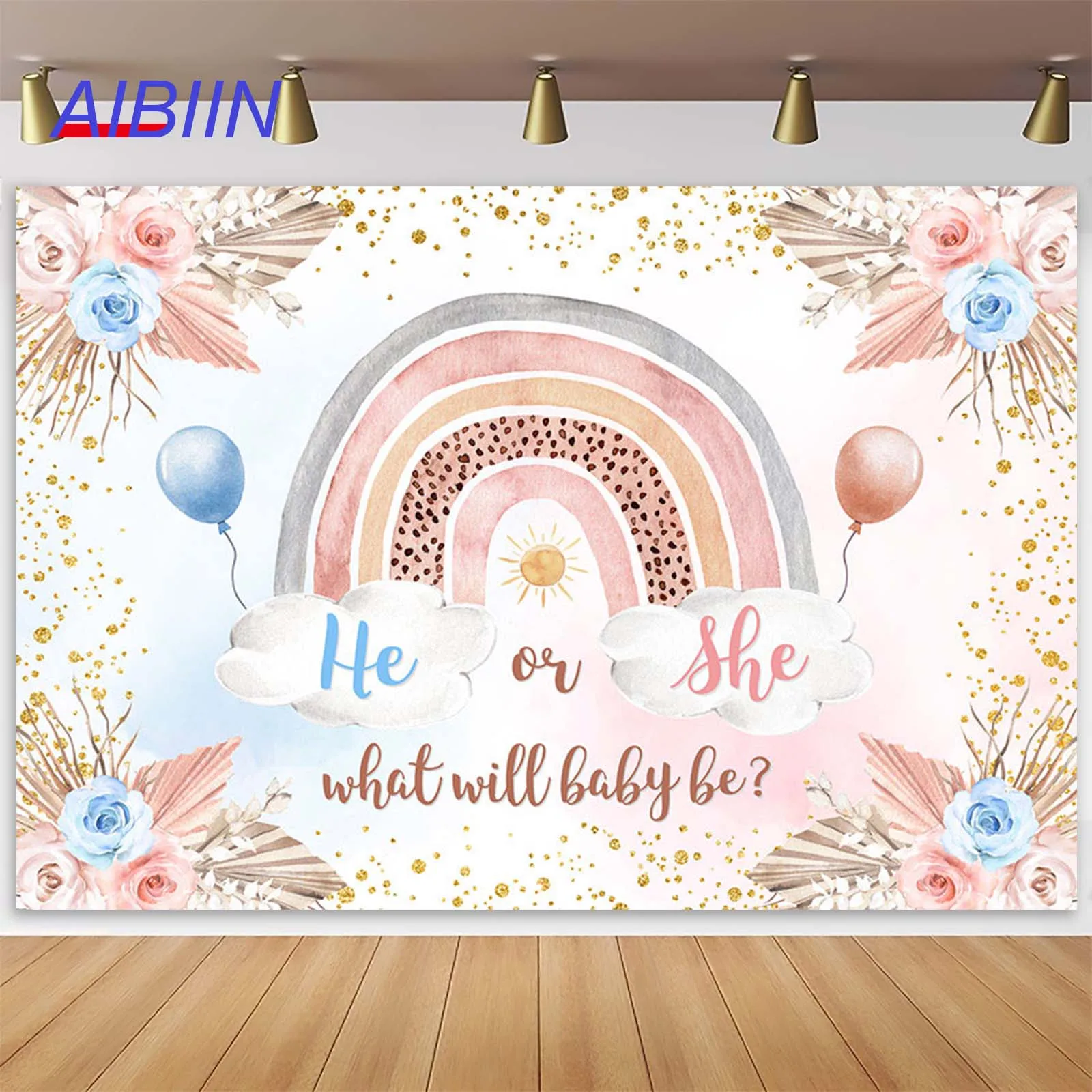 

AIBIIN Gender Reveal Backdrops Bohemian Flower Rainbow Pregnant Photography Background He or She Baby Cake Smash Party Decor