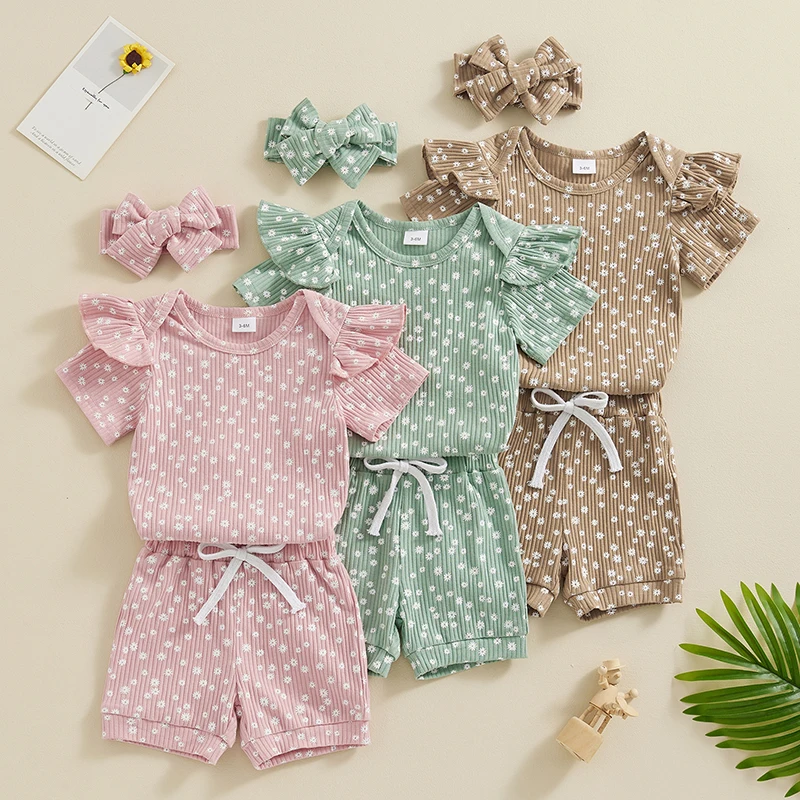 

Newborn Baby Girl Clothes Sets Summer Floral Print Short Sleeve Romper Shorts and Heaband 3Pcs Outfit New Born Infant Clothing