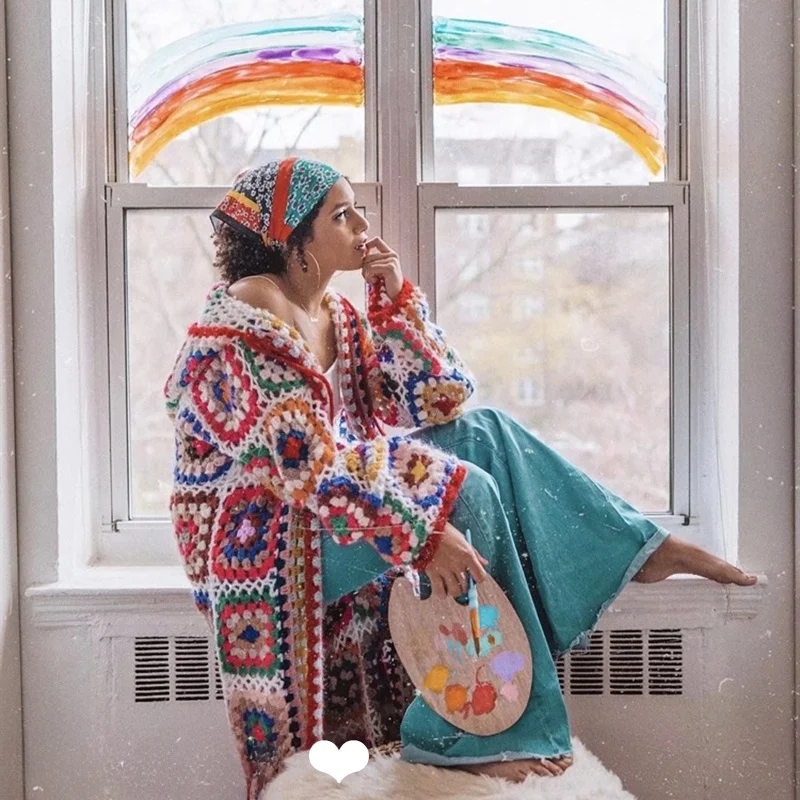 Handmade Hollow out Knitted Cardigan Bohemian Style Mid-Length Sweater Coat Autumn Winter Two Colors Abstract Pattern Street ...