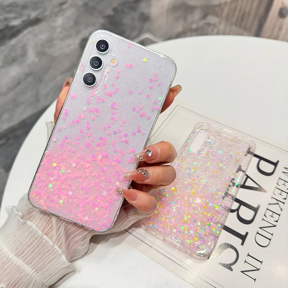 Luxury Sequins Glitter Powder Phone Case For Samsung Galaxy A16 A15 A14 A13 A55 A35 A25 Soft Transparent Shockproof Back Cover