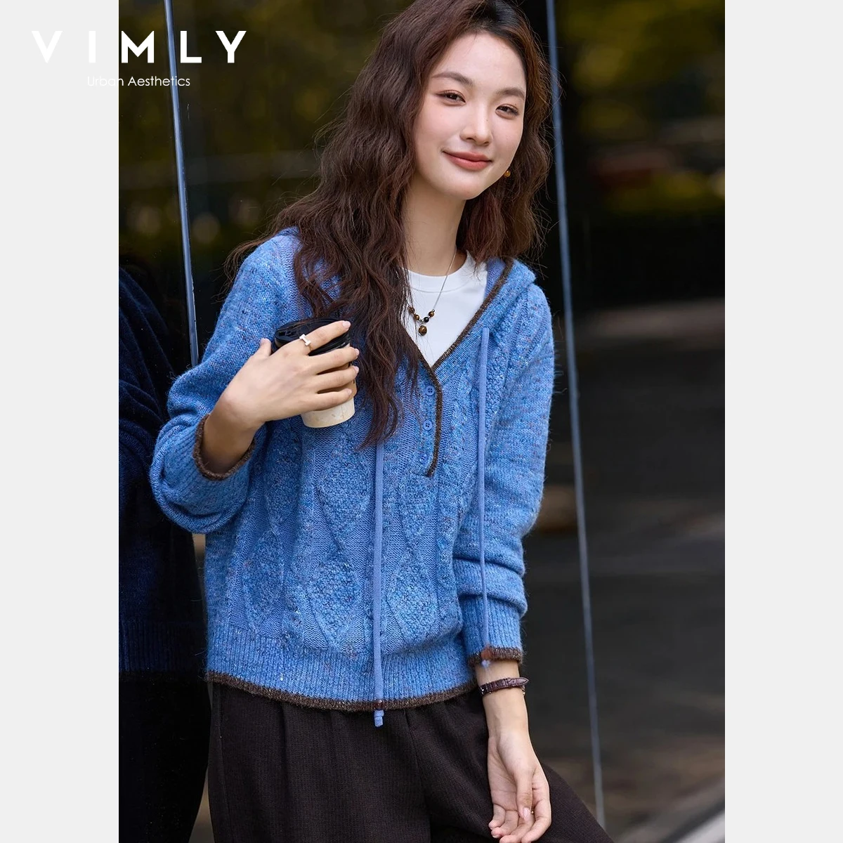 

VIMLY Women's Sweater 2025 Winter New Wool Blend Hooded Twist Knitted Jumper Commuting Contrasting Color Women Clothing 75298