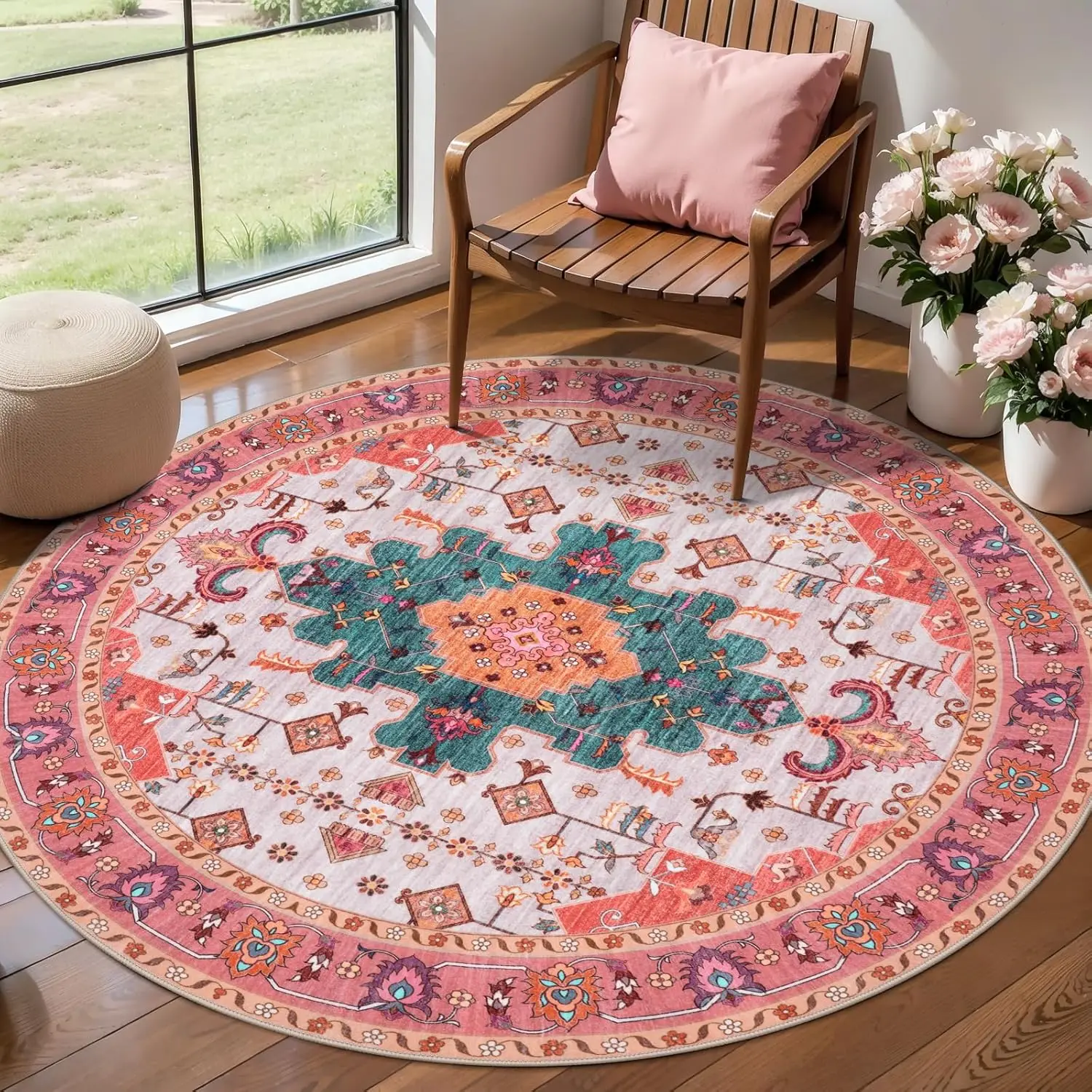 

Pink Coral Boho Medallion Round Rug Multicolor Floral Pattern for Chic Bedroom